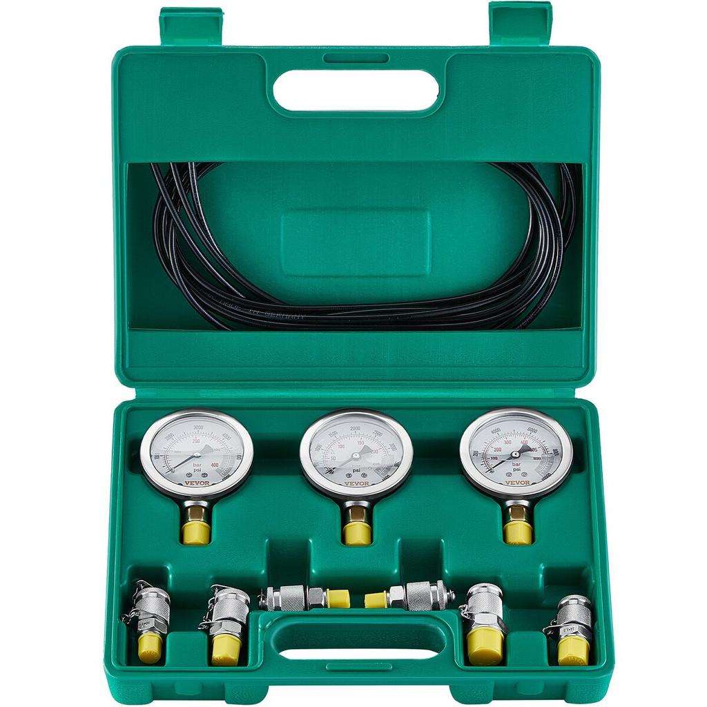 Hydraulic Pressure Test Kit, 250/400/600bar, 3 Gauges 6 Test Couplings 3 Test Hoses, Excavator Hydraulic Test Gauge Set with Portable Carrying Case