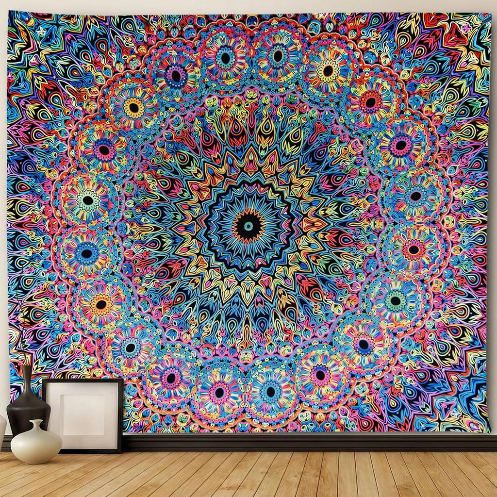 PRRPRR Blacklight Mandala Tapestry for Bedroom, UV Reactive Trippy Wall Tapestry, Bohemian Aesthetic Wall Art Decor for Adults Teens and
