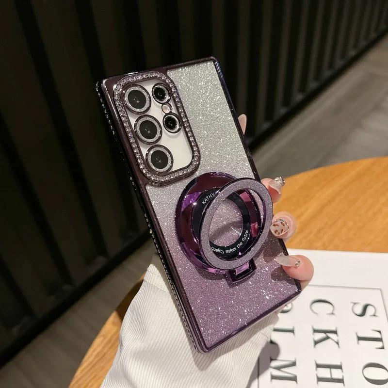 Luxury Magnetic Plating Stand Shockproof  Case For Samsung Galaxy S24 S23 S22 S25 Ultra Plus S24 FE Glitter Diamond BacK Cover
