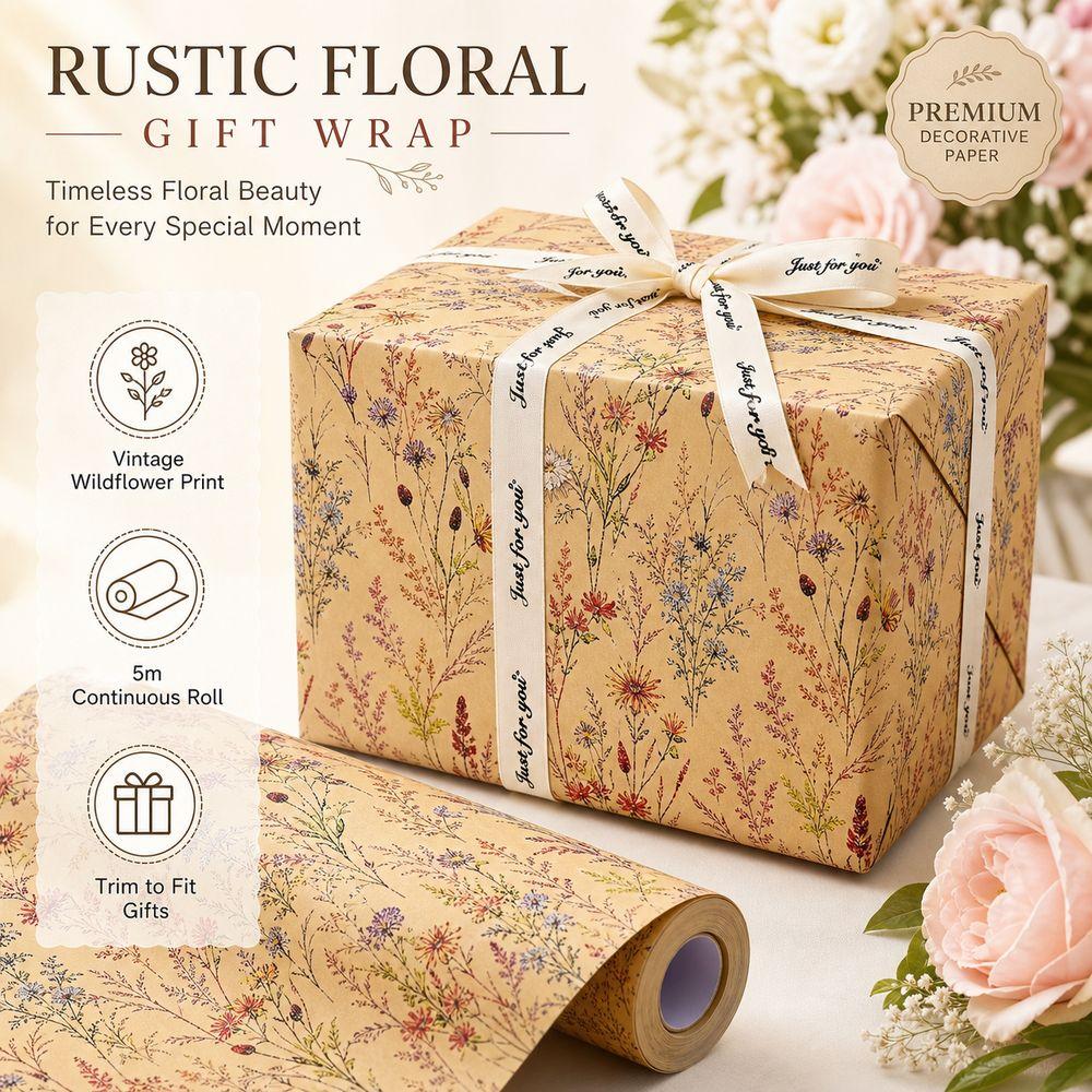 5m/Roll Floral Gift Wrap Rustic Style Botanical Wrapping Paper Party Gift Packaging