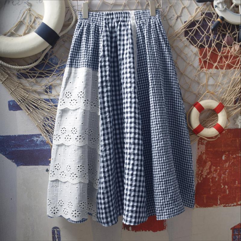 

ZANZEA Womens Casual Lace Crochet Patchwork Loose Plaid Skirts 5XL тёмно-синий