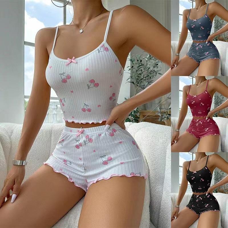 Women's Heart Print Sexy Ribbed Bow Decor Pajama Set, Round Neck Backless Comfortable Crop Cami Top & Shorts, Summer Nightwear