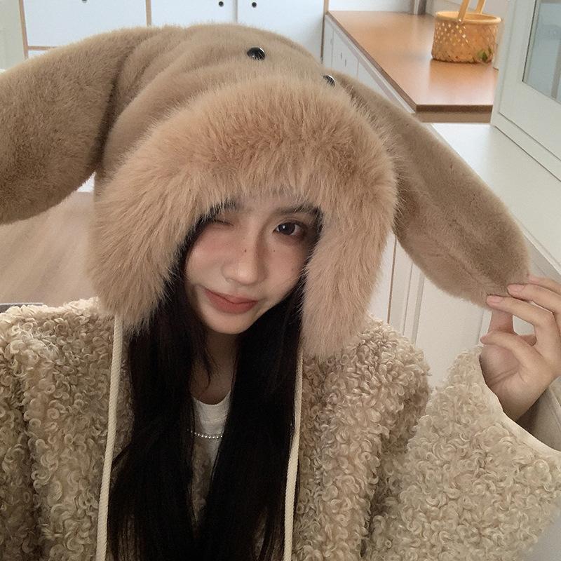 

Милая плюшевая шапка с большими кроличьими ушками женская осенне-зимняя для большого обхвата головы, зрительно уменьшает лицо, шапка с защитой ушей, утолщенная для тепла, детская Adult (56-58cm) хаки