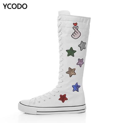 Spring Autumn Women Boots Canvas Mid Calf Boots Casual High Top Shoes Long Boots Lace Up Zipper Comfortable Flat Boots Size 34-43