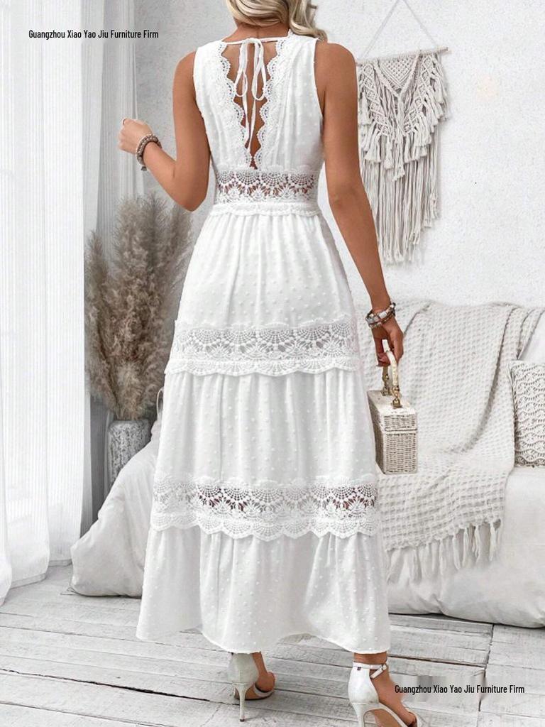 2026 European Summer Women's Lace V-Neck Sleeveless Dress