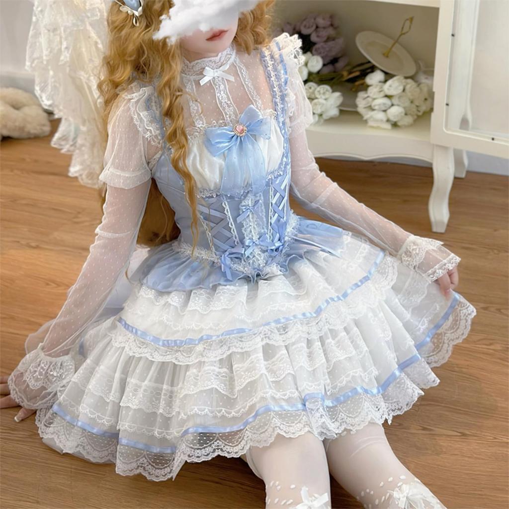 Toku and Yu Camisole Mini Gothic Lolita Ribbon Tiered Lolita Jumper Mori Sickly Perfect for Tea School and Events Skirt, Girls' Skirt, Palace-Style,