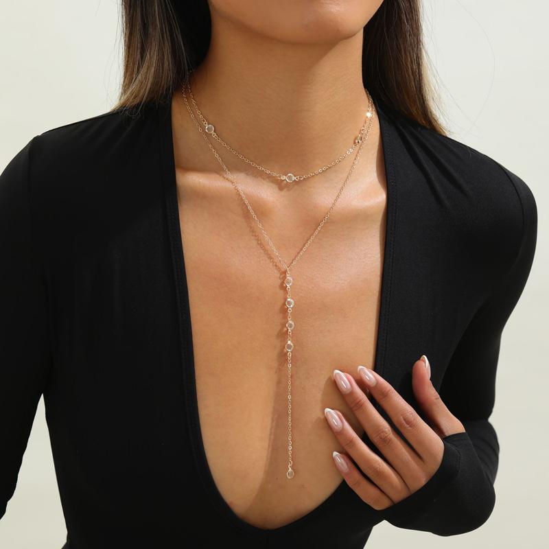 Y2K Simple Zircon Long Tassel Chain Necklaces for Women Fashion Metal Geometric Beaded Choker Y-Shaped Necklace Women s Jewelry