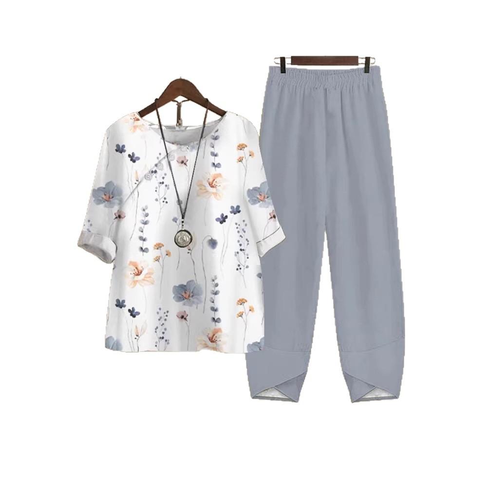 2025 foreign trade cross-border new women's clothing, casual round neck five-quarter sleeve top, digital printing women's two-piece set