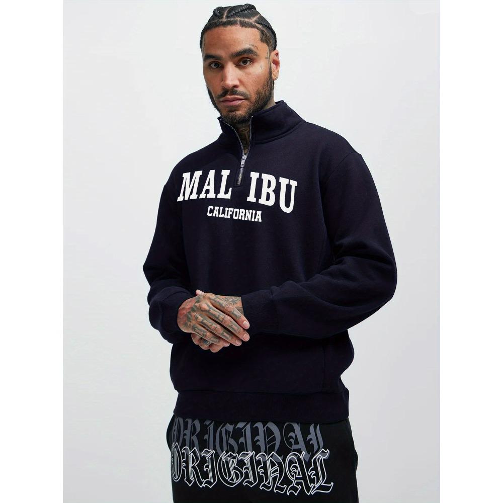 Men s Casual Malibu California Pattern Sweatshirt, Geometric Pattern Zipper Stand Up Collar Pullover, Outdoor Sports Style, Outdoor Sportswear S