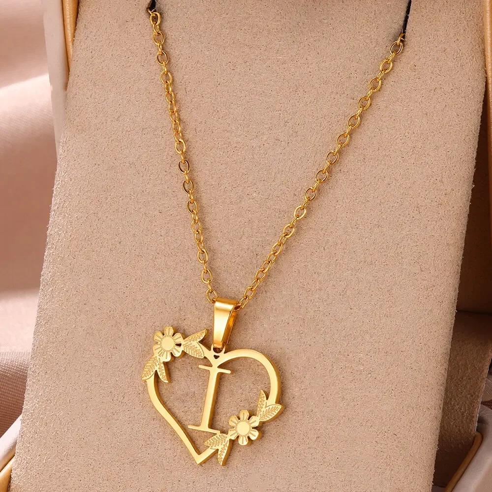 Gold Color Dainty Flower Initials Necklace Women Girl Stainless Steel Heart Letter Choker Necklace Best Gifts Alphabet Jewelry