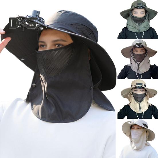 Solar-Ventilator-Hut mit Gesichtsschutz, Nackenklappe, LSF 50+, UV-Schutz, Hut mit Solar-Ventilator, wiederaufladbar über USB, atmungsaktiv, für Herren, Sommer, Outdoor, Angeln, breite Krempe