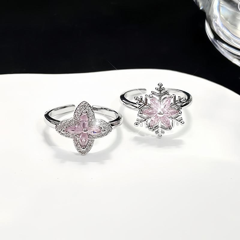 High-End Snowflake Pink Zircon Flower Four-Leaf Clover Open Ring Niche Design Temperament Light Luxury Personalized Ring