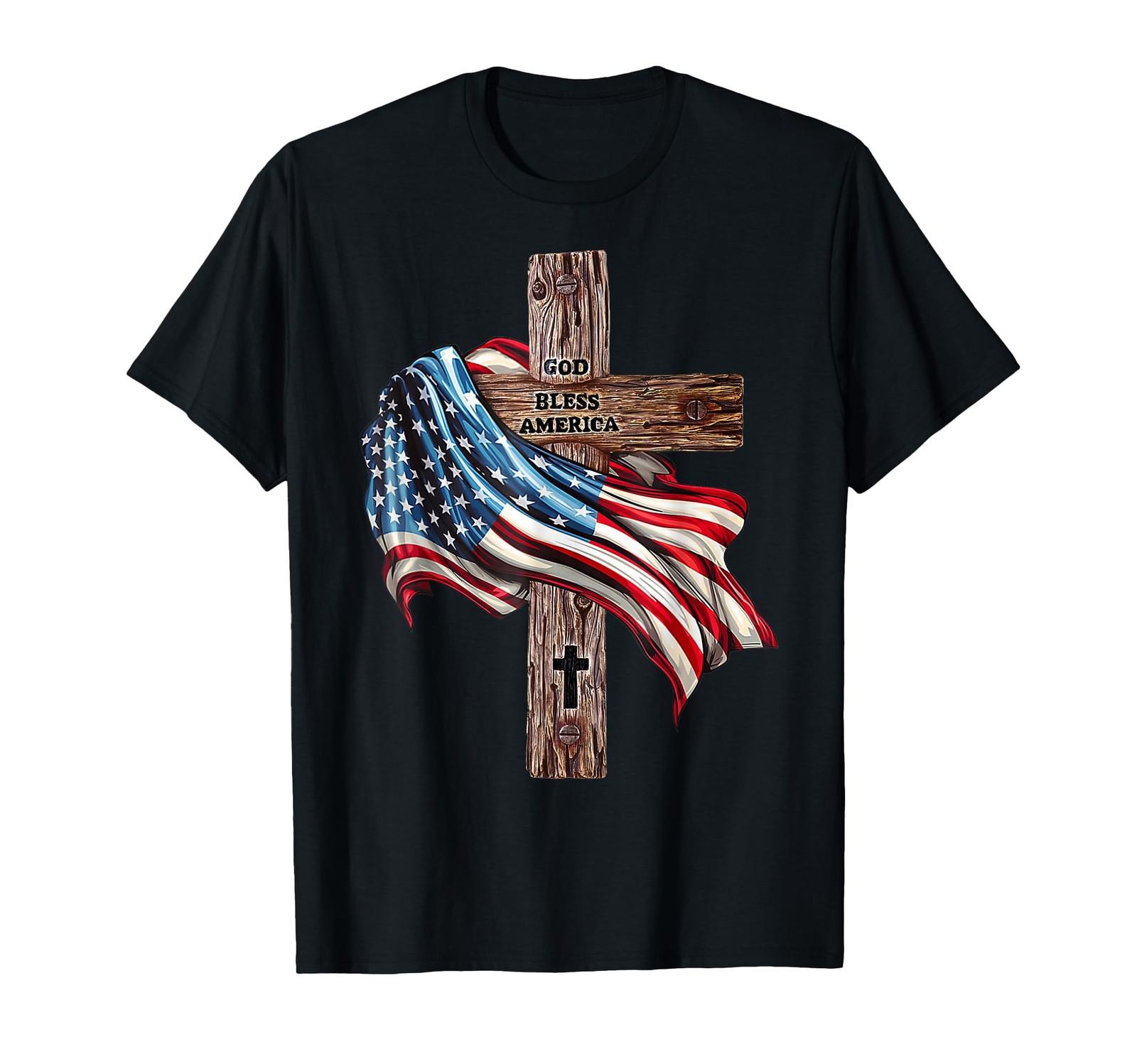God Bless America Cross American Flag US Patriotic Christian T-Shirt S