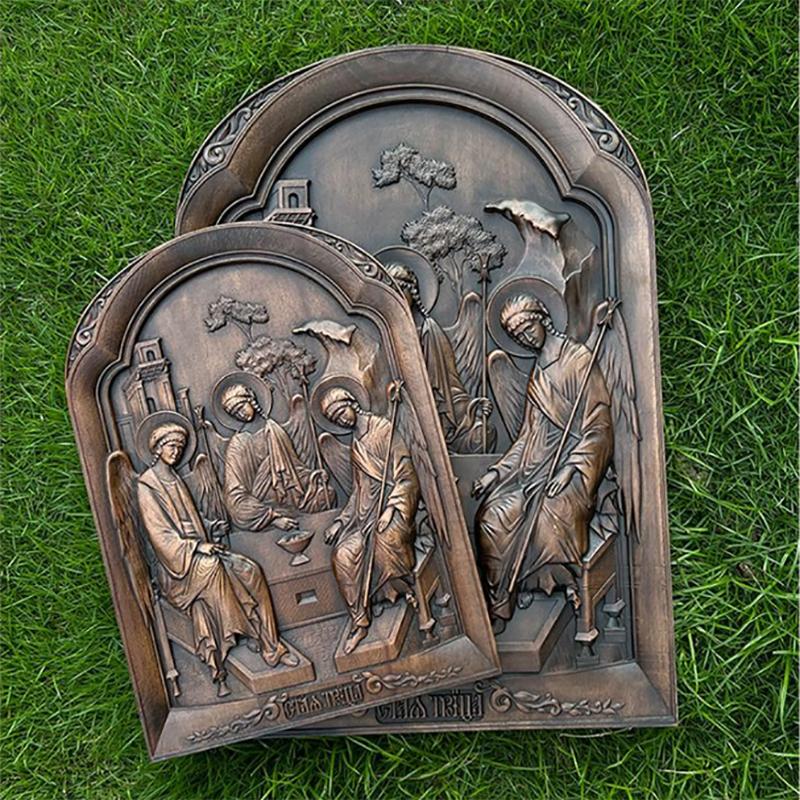 Holy Trinity Icon Wooden Wall Art - Hand Carved Father Son Holy Spirit Orthodox Decor, Catholic Christian Home Altar Hanging Pla
