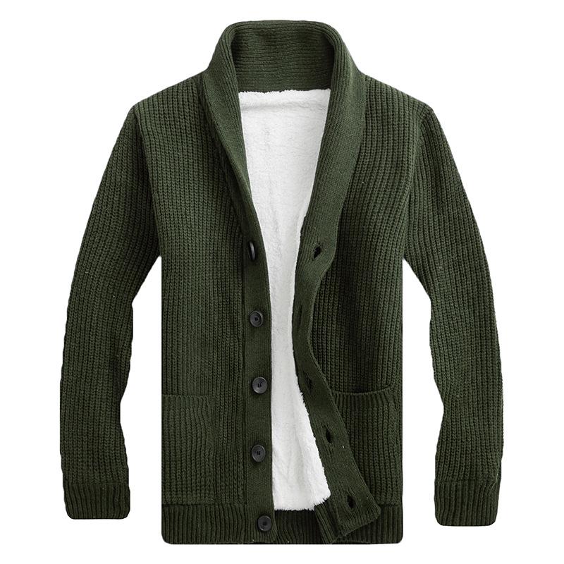 

2025 Autumn/Winter Men s Knitted Lapel Cardigan Sweater with Velvet Lining - Casual Youth Top XL зелений