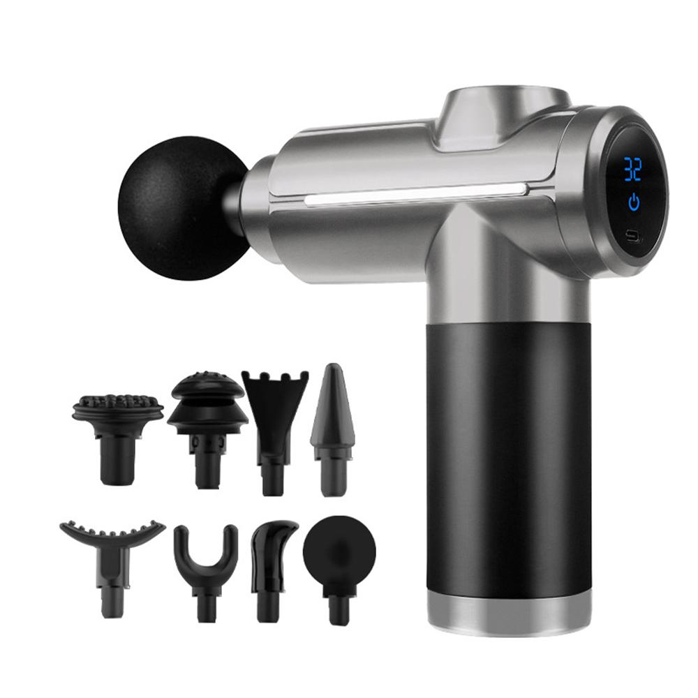 

Фашиальный пистолет с 8 насадками, сенсорным экраном, миорелаксант, фитнес-класса, устройство для захвата мембран шеи, электрический массажный аппарат, вибрационный серый