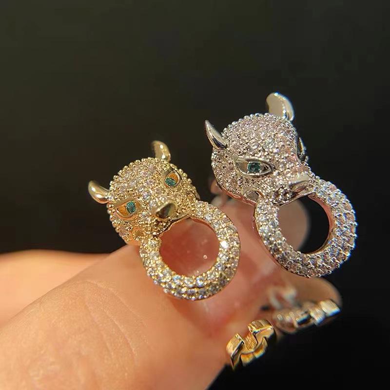 Leopard Head Micro-inlaid Open Ring - European & American Fashion Leopard Ring for Index Finger Adjustable Open