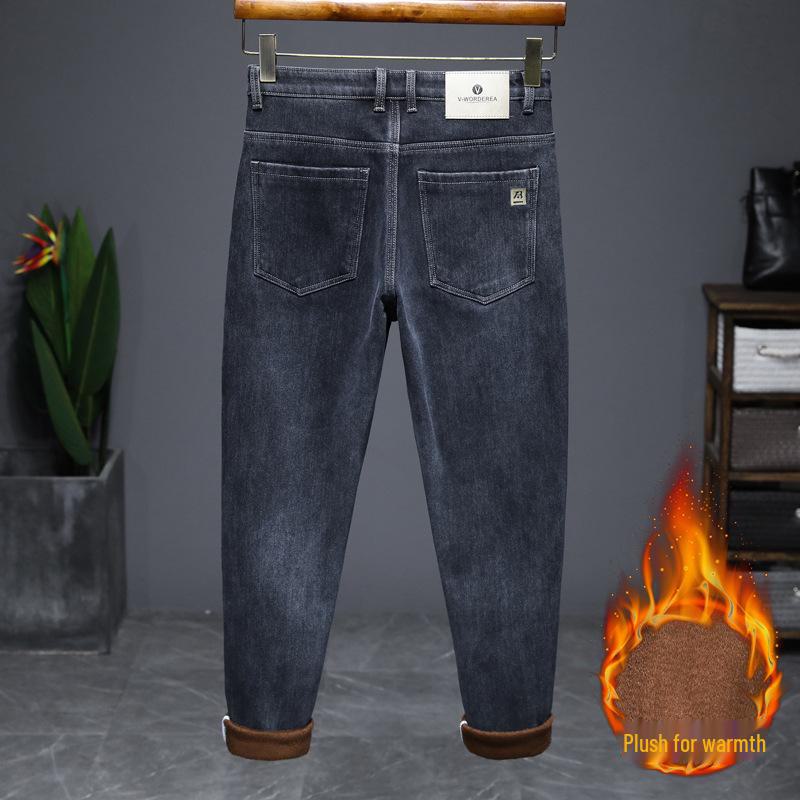 Men's Plus Velvet Slim Fit Casual Jeans - Elastic, Comfortable, Versatile Pants for Spring and Autumn.