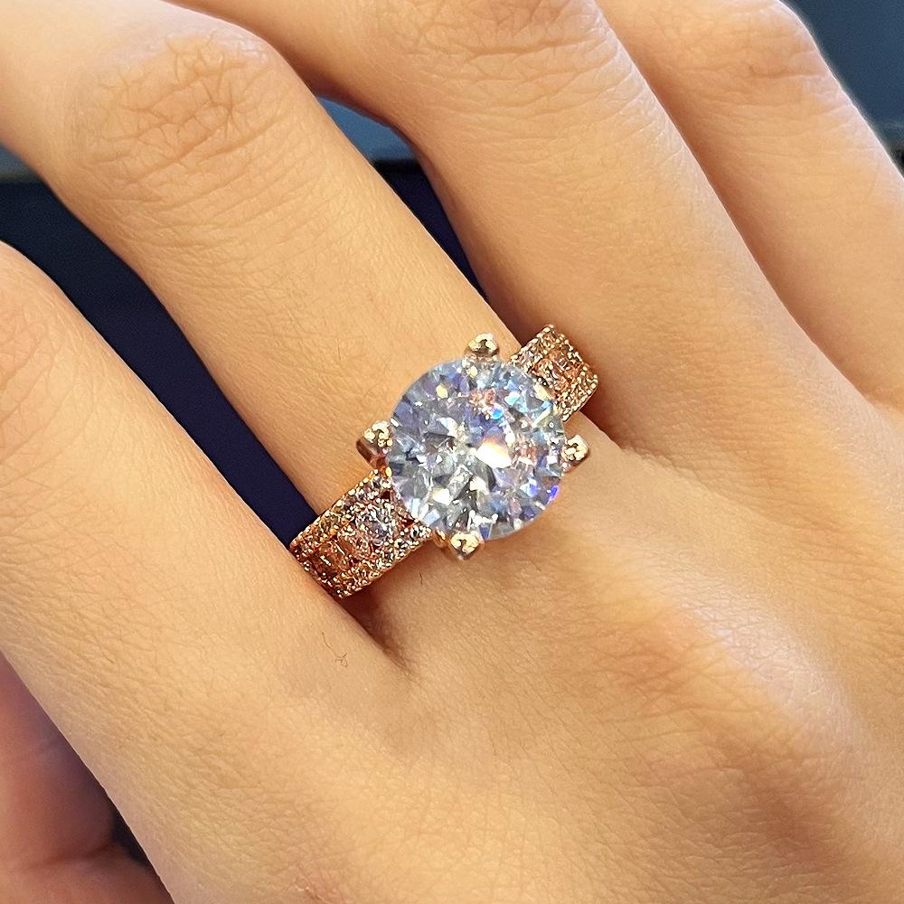 Copper Ring, Copper-Plated Rose Gold Hollowed-Out Zircon-Studded Engagement Ring, Female.