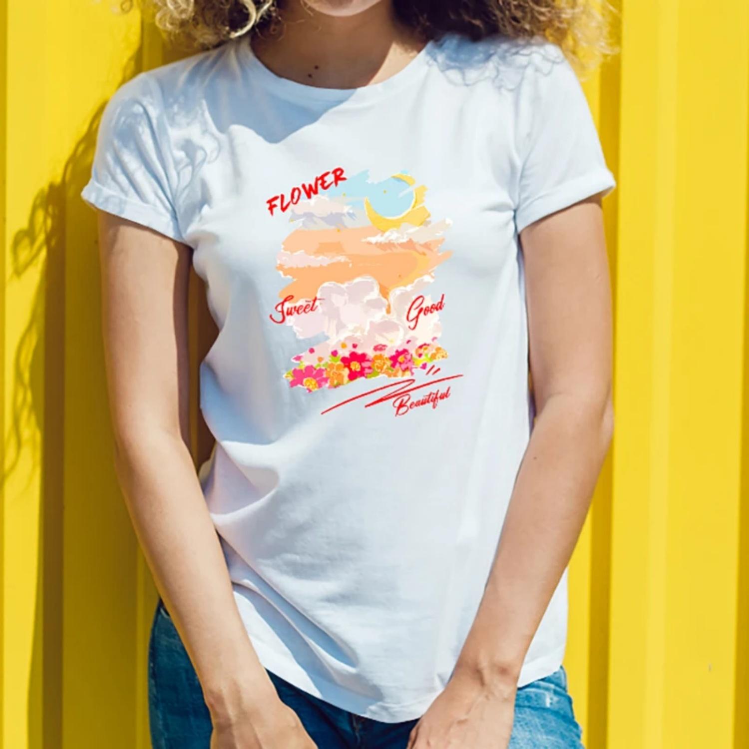 Women s Short Sleeve T-Shirt Flower Sweet Good Beautiful Floral themed Print for Outdoor Picnics Young Women S