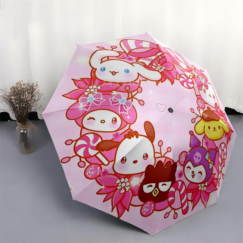 1pc Hello Kitty & Friends Wreath Design Automatic Opening/Closing Umbrella with Portable Tri-Fold Design, 8-Bone Iron Frame Outdoor Umbrella, Festive