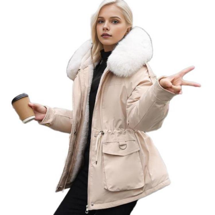 Winter Women Coat Cotton Jacket Furry Hood Thickened Plush Mid Length Long Sleeves Elastic Waist Zipper Closure Pockets