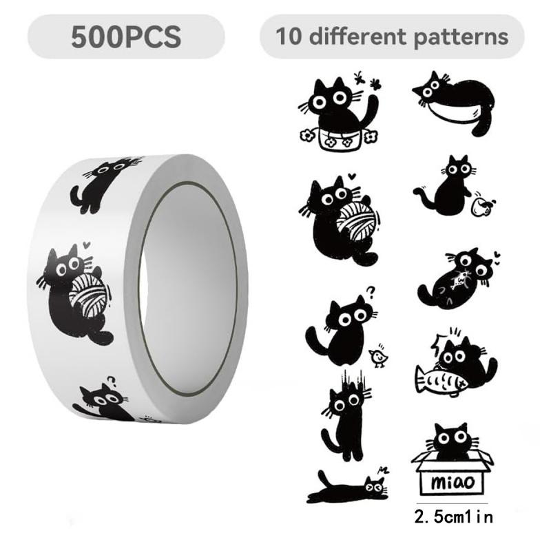 1roll/500Pcs Healing Black Cat Stickers Creative Graffiti Gift DIY Handmade Album Scrapbooking Decorative Paper Supplies