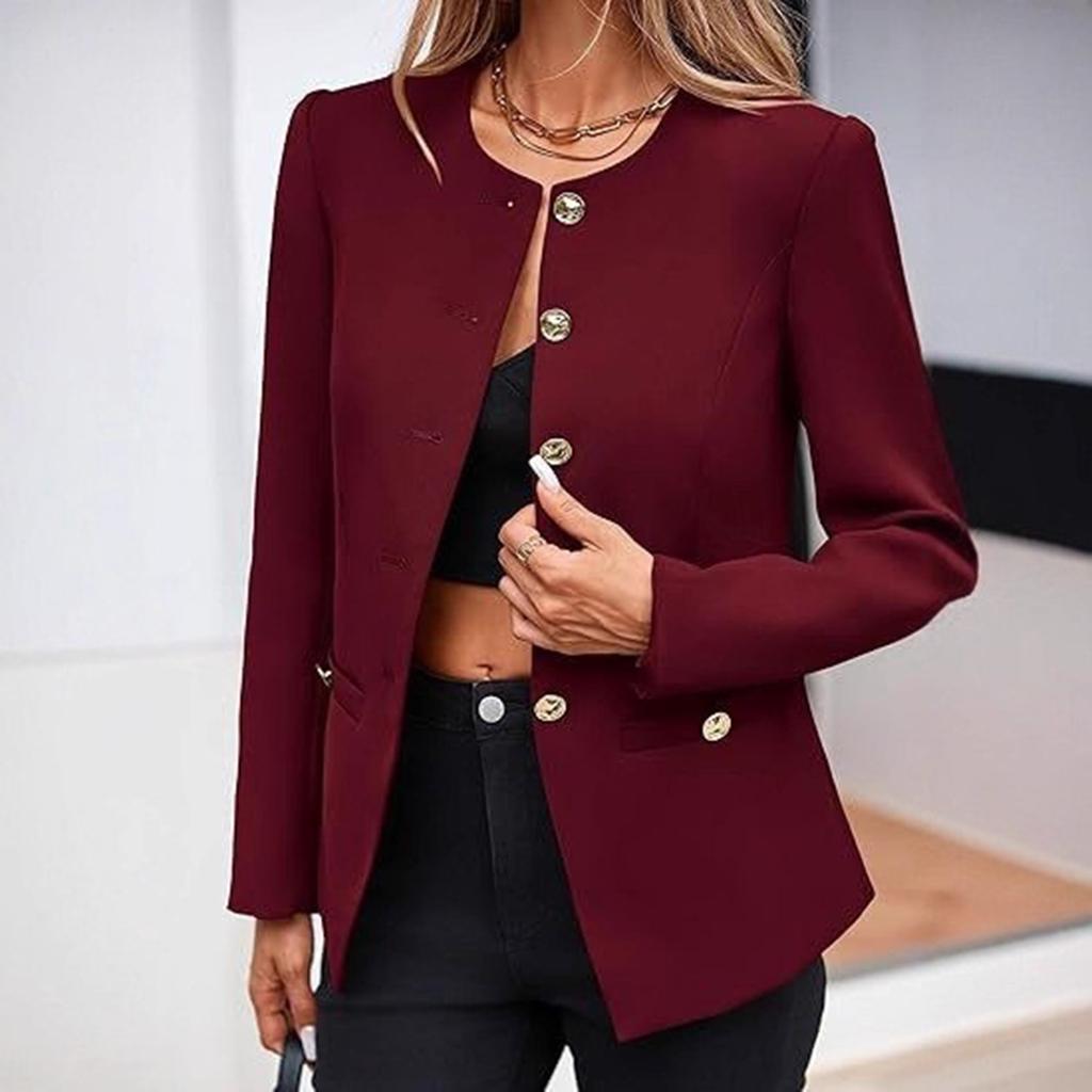 Women's Slim-Fit Round Neck Long Sleeve Button Pocket Lined Cardigan Top Jacket