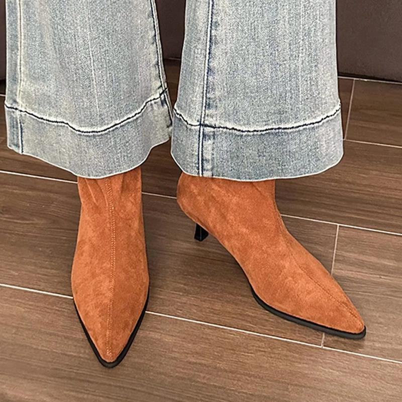 Cizme de gleznă cu toc înalt pentru femei, cu vârf ascuțit, Chelsea din piele întoarsă, pantofi de zăpadă, pluș, călduroase de iarnă, femeie 2024, trend, stiletto, sexy, botas mujer