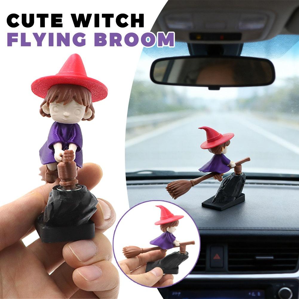 Car Self Adhesive Witch Broomstick Ornament Drift Dashboard Decor Funny Wizard Mini Figurine Vehicles Interior Accessory