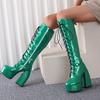 Fashion Silver Knee High Boots Women 14.5cm Thick Heels Glossy Patent Leather Punk Lace-up Comfy Zip Platform Shoes Large Size 48