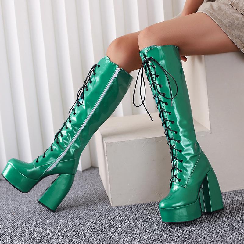 Fashion Silver Knee High Boots Women 14.5cm Thick Heels Glossy Patent Leather Punk Lace-up Comfy Zip Platform Shoes Large Size 48