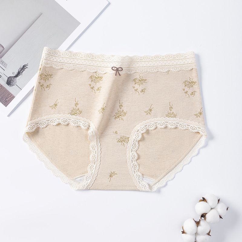 Ladies Spring and Autumn Floral Pure Cotton 10A Bacteriostatic Extended Crotch Mid Waist Triangle Briefs