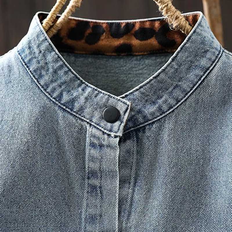 Denim Jacket Blouse Shirt for Women Long Sleeve Large Pockets Casual Oversize Stand Collar Loose Coat Top