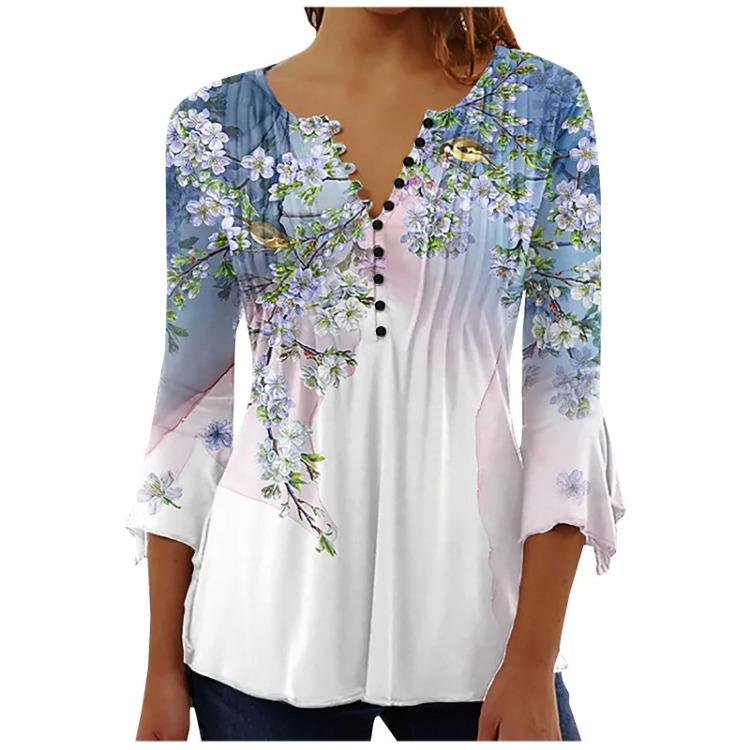 

Ladies Floral Print Button T Shirt Top Short Sleeve V Neck XXXL