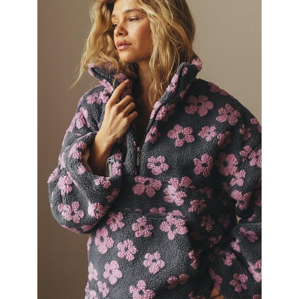 2025 Winter Autumn Women's Fleece Floral Sweatshirt Fashion Warm Fuzzy Pullover Top