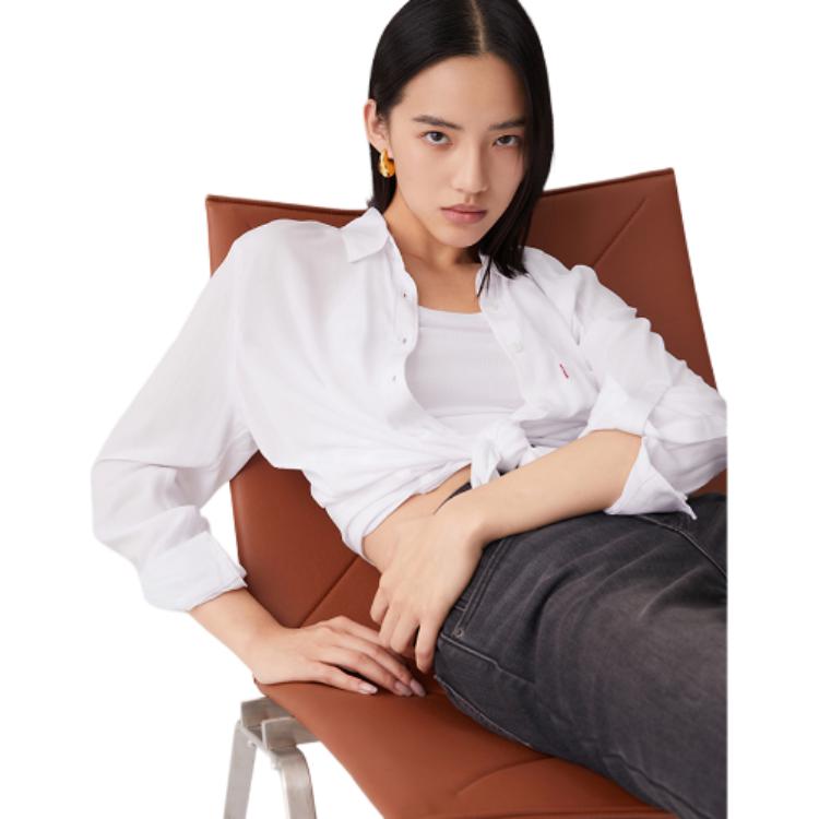 Levis Plain Minimalist Comfortable Polo Long Sleeve Shirt Women Shirts White A8745-0002
