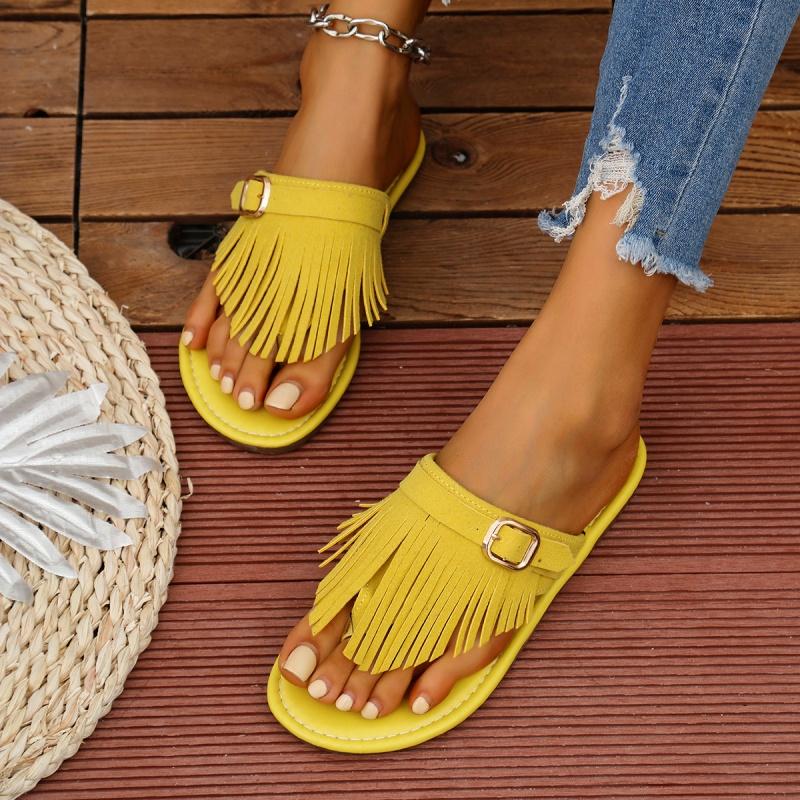 Tragen Strand Hausschuhe Flache Neue Quaste Gürtel Schnalle Dekoration Modische Vielseitige Zehen Hausschuhe für Frauen
