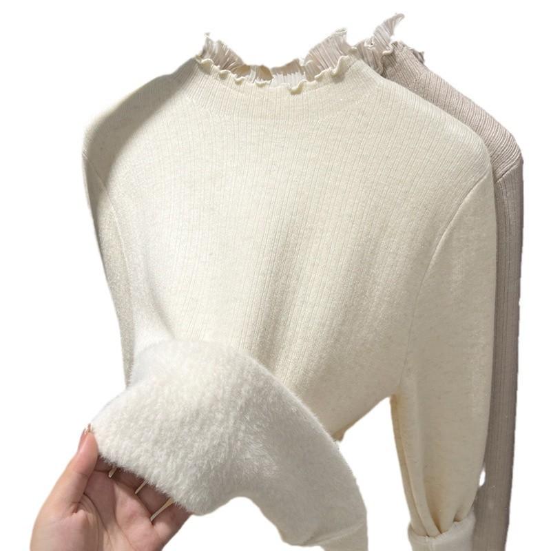 Semi-turtleneck Velvet Thickened Bottoming Shirt for Women's Autumn and Winter New Integrated Velvet Warm Inner with Ruffle Leaf Edge Top for Women