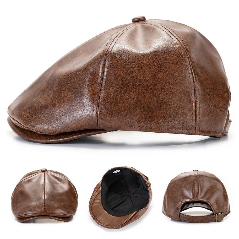 Fashion PU Beret Hat Retro Adjustable Painter Hat Casual British Style Newsboy Hat Men Women
