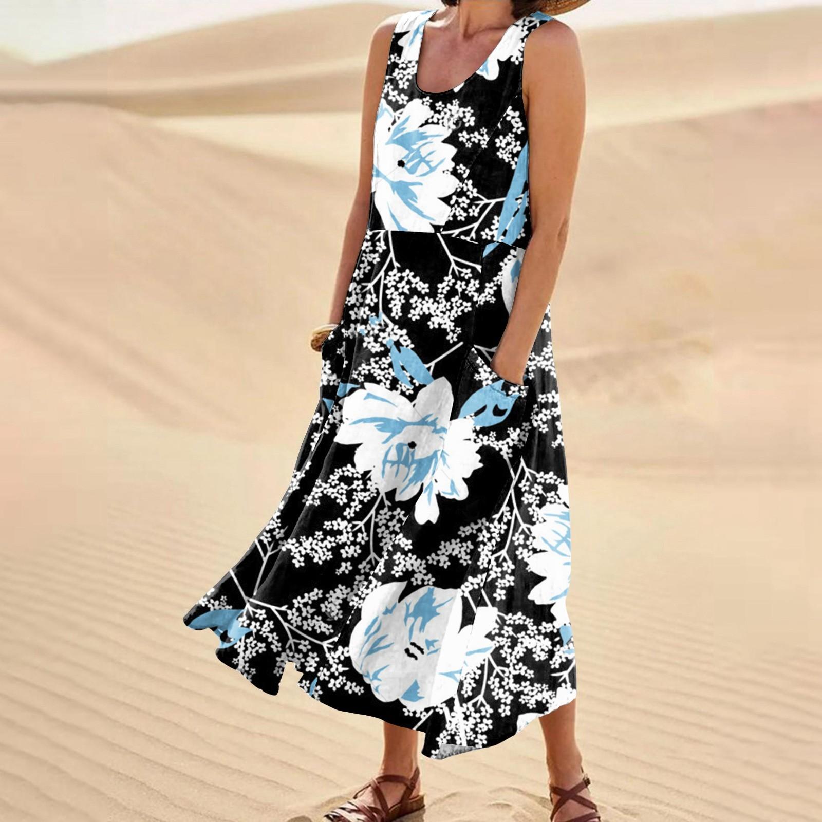 

Женские модные повседневные платья из хлопка и льна без рукавов с цветочным принтом и небольшими карманами M чёрный