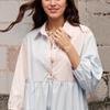 Women's Spring Summer Pink Blue Color Block Stripe Shirt Dress Lapel Collar Lantern Sleeve Patchwork Ruffle Hem Loose Casual Mini Dress