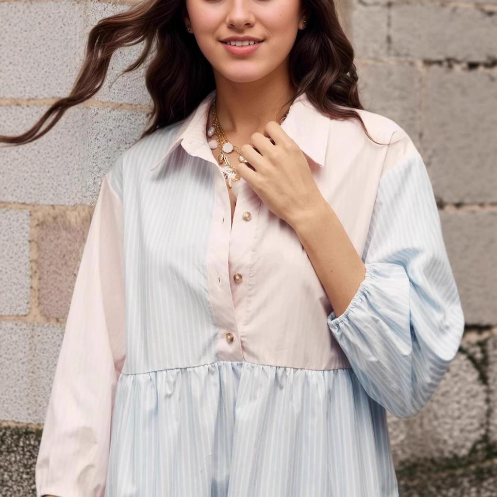 Women's Spring Summer Pink Blue Color Block Stripe Shirt Dress Lapel Collar Lantern Sleeve Patchwork Ruffle Hem Loose Casual Mini Dress