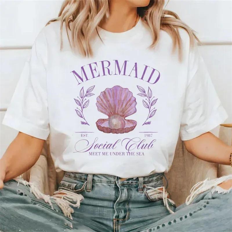 ZX TEE Women's Beach Holiday Mermaid Social Club Cartoon Short Sleeved Sweet Summer Fashion Versatile Print Cute Clothes Top T-Shirt.