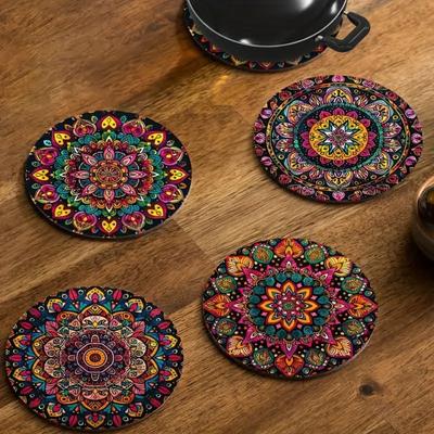 4pcs/set Mandala Pattern Coasters Set Colorful Wooden Table Insulation Pad Insulation Function Home Decoration Table Protection
