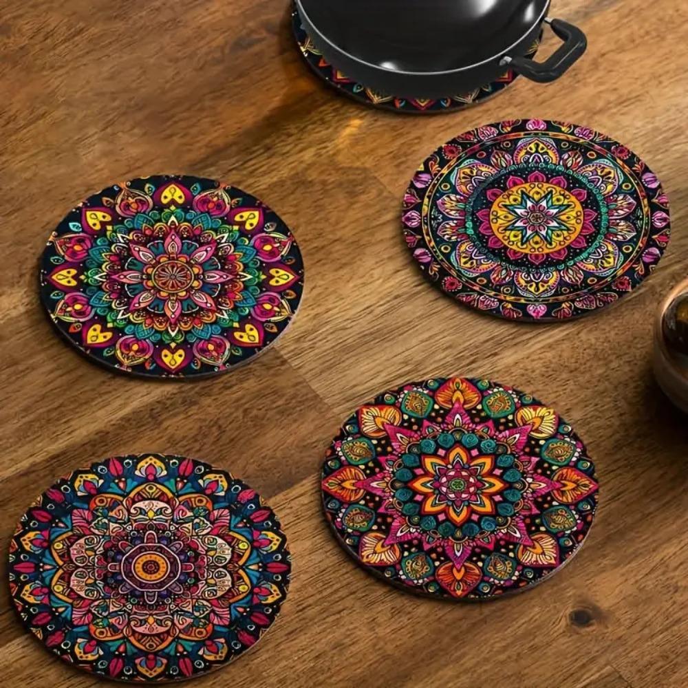 4pcs/set Mandala Pattern Coasters Set Colorful Wooden Table Insulation Pad Insulation Function Home Decoration Table Protection