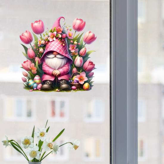 Tulip Gnome PVC Window Cling Waterproof Pink Floral Gnome Static Sticker Reusable Glass Door Decals for Classroom Home Office Party Decoration