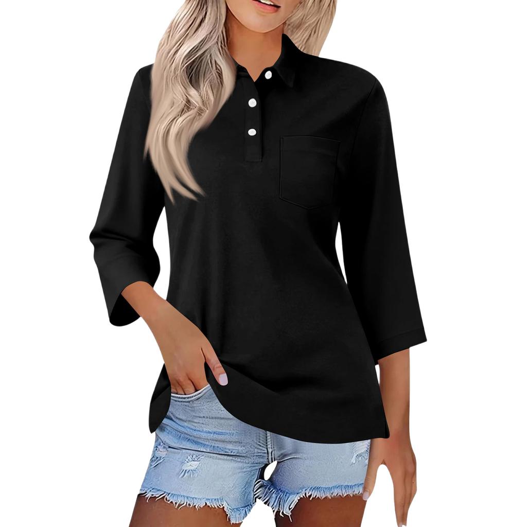 Damen Mode Lässig Revers Kurz 3/4 Ärmel Farbe Hemd Damen Knopfleiste Oberteile