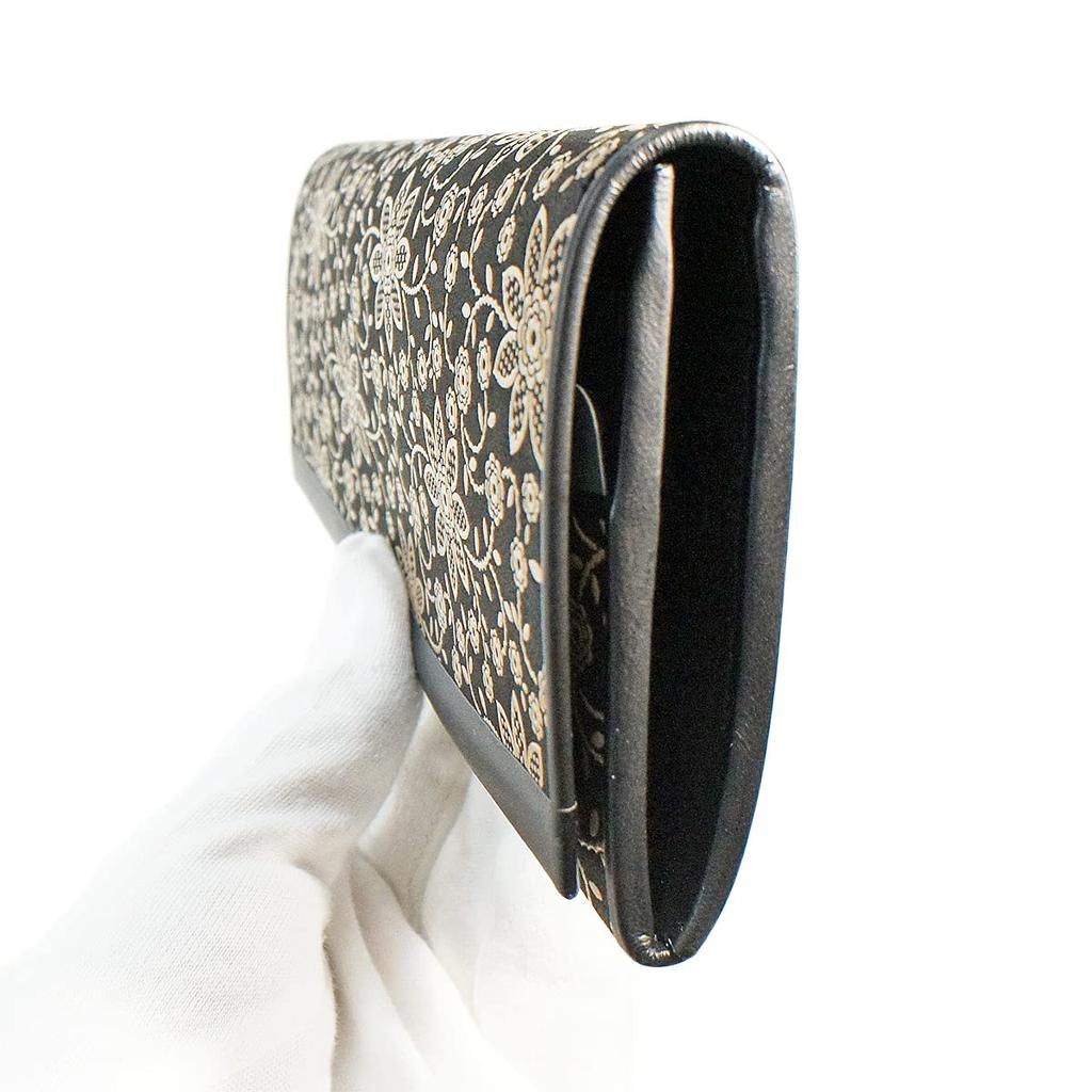 Portfel Inden Long Bundle Coin Purse Czarny x Biały Wzór Clematis [Indenya] Portfel, Portfel, T, Cienki, W zestawie, Skóra jelenia, Lakier, 2311-11-169