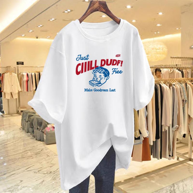 

New cotton cartoon letter printing loose t-shirt women s summer new white short-sleeved top S